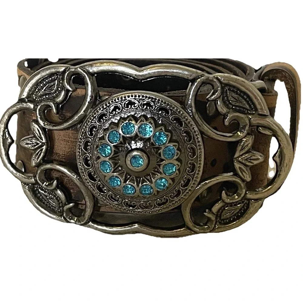 Western Vegan Leather Belt Turquoise Concho Buckle Distressed Boho Southwestern
